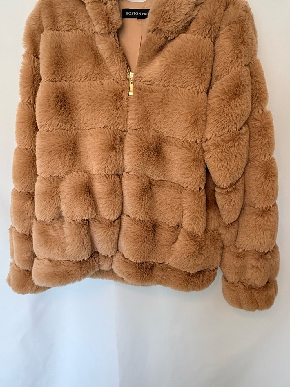 Boston Proper Faux Fur Hooded Jacket, Size L – Cozy Camel, Ready for Fall/Winter